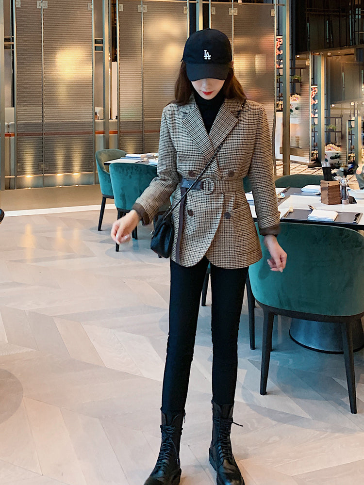 Plaid Suit Jacket for Women with belt