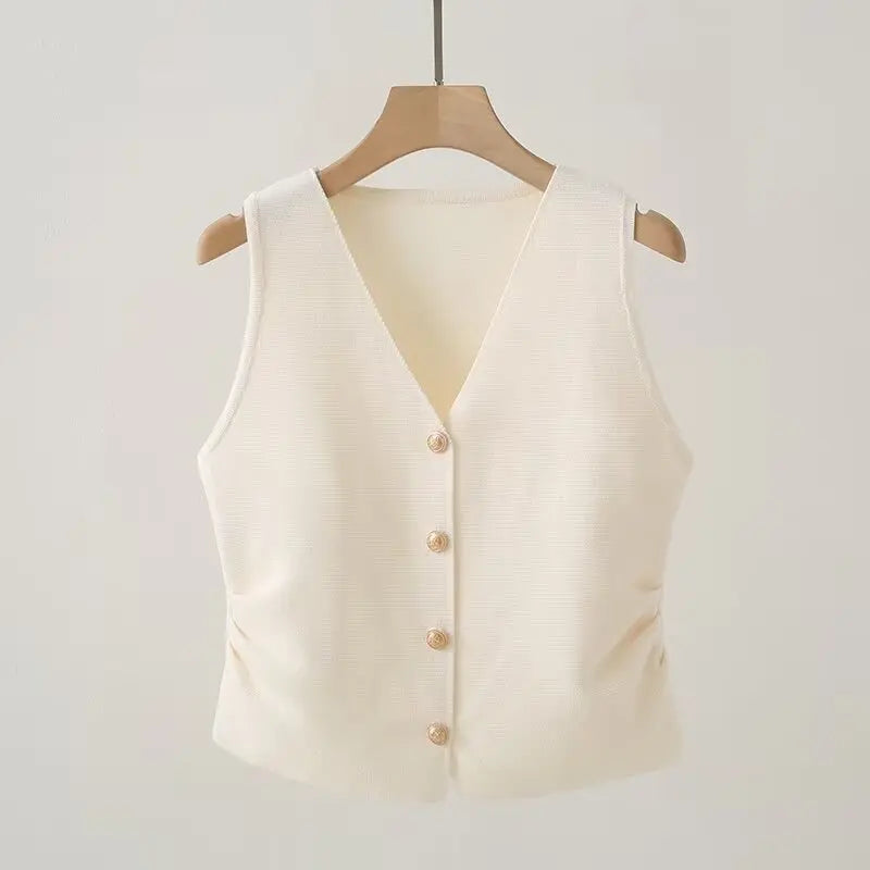 Gold Button Rushed Waist Vest V-Neck Sleeveless Knit Jacket