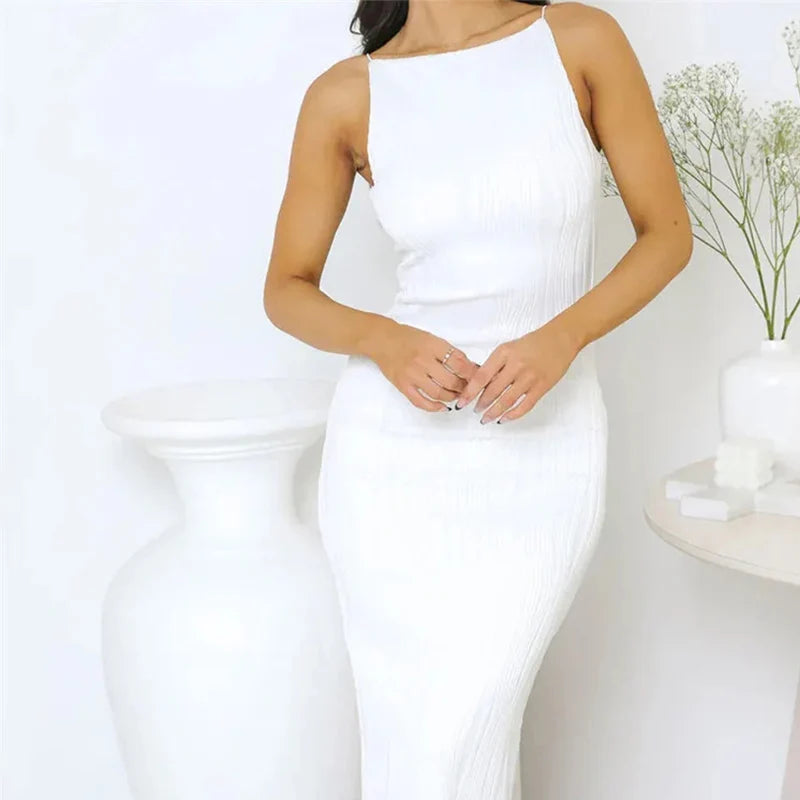 Long Ruched Sleeveless dress - Back Split Dress