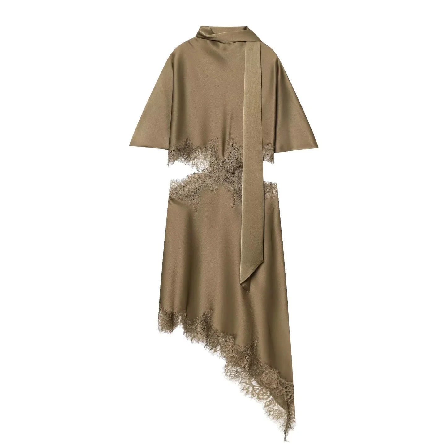 Asymmetrical Lace Trim Midi Dress with Side Slit & Matching Scarf
