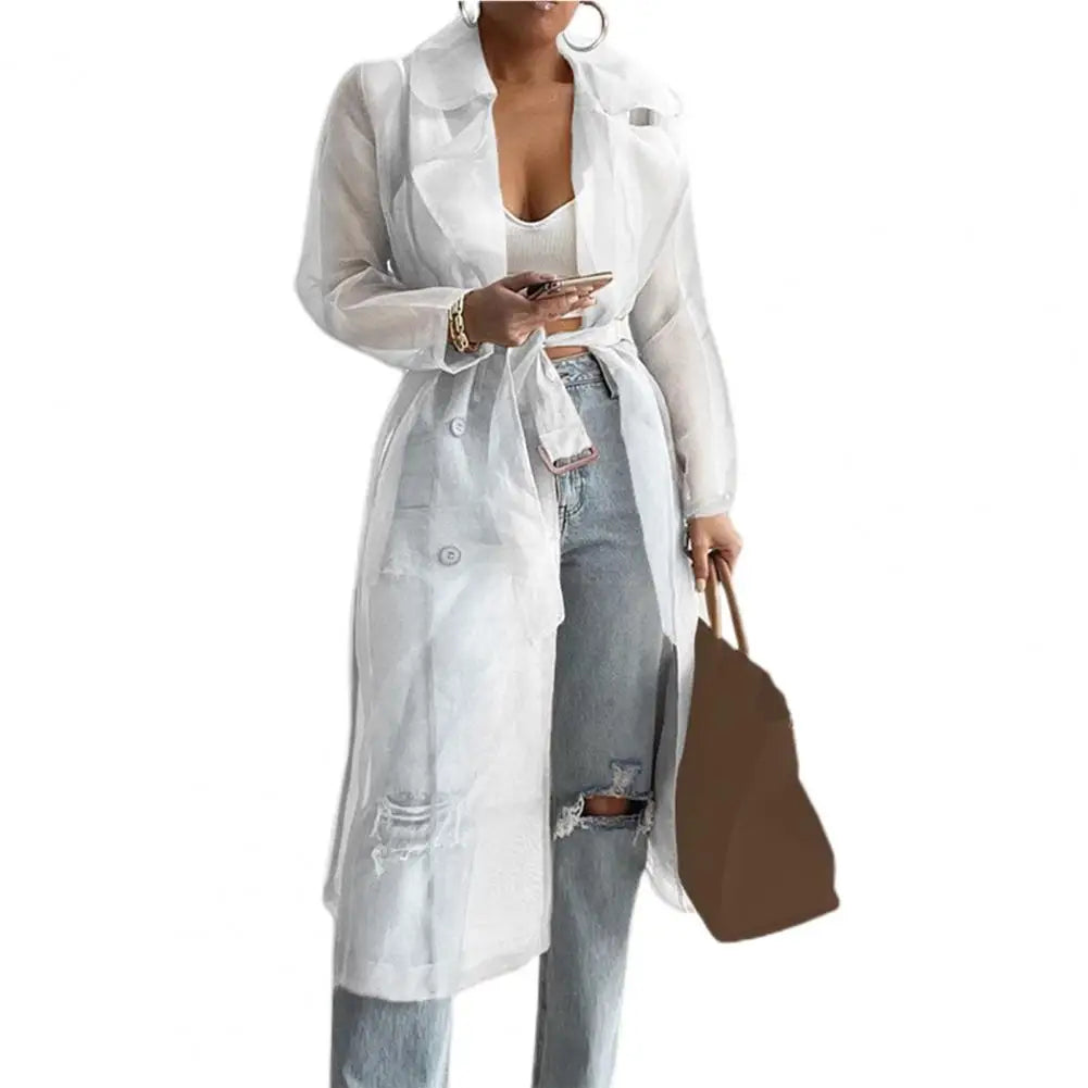 2023 Women Mesh Trench Coat Fashion See Through Jacket Summer Lace-up Sunscreen Shirt Net Yarn Long Shirt Thin Coat With Belt