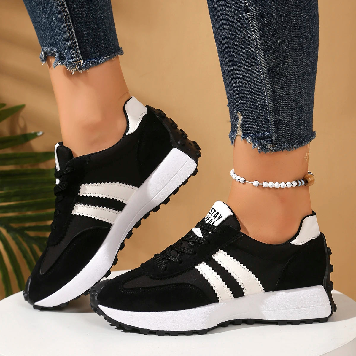 New Style Elegant Lace Up Casual Shoes Women Spring/Autumn Round Toe Thick Sole Anti Slip Comfortable Sports Shoes