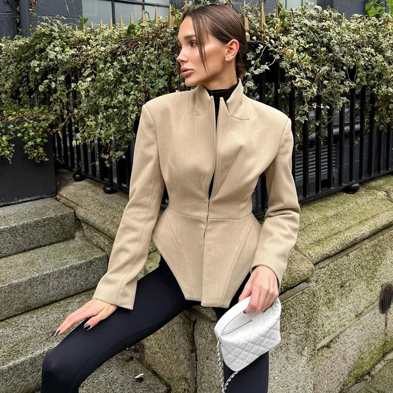 Women Pants Set Curved Hem Coat 2-Piece Sets Beige Stand Collar Jacket Hook Closure Top Wide Leg Trousers Casual Spring Outfit