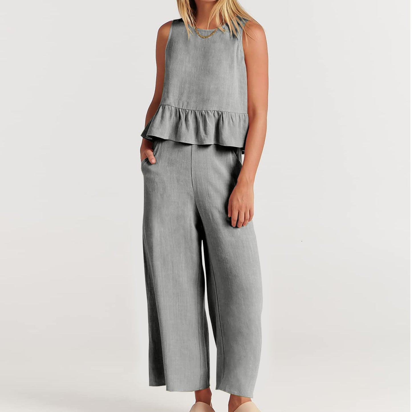 Nina Casual Set - Sleeveless Top and Wide Leg Pants