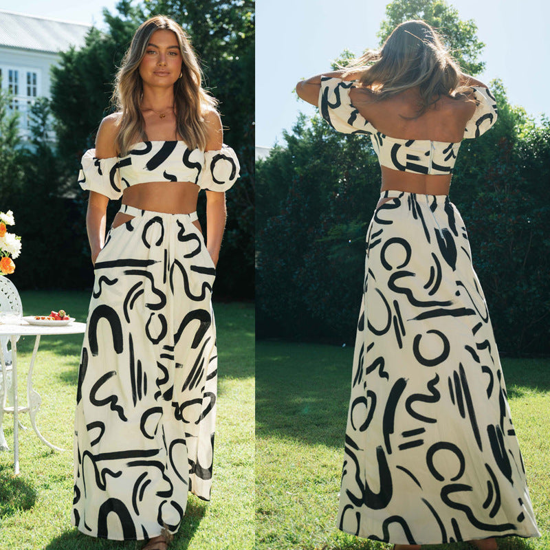 2-Piece Printed Set - Fashion puff sleeve top and A line skirt