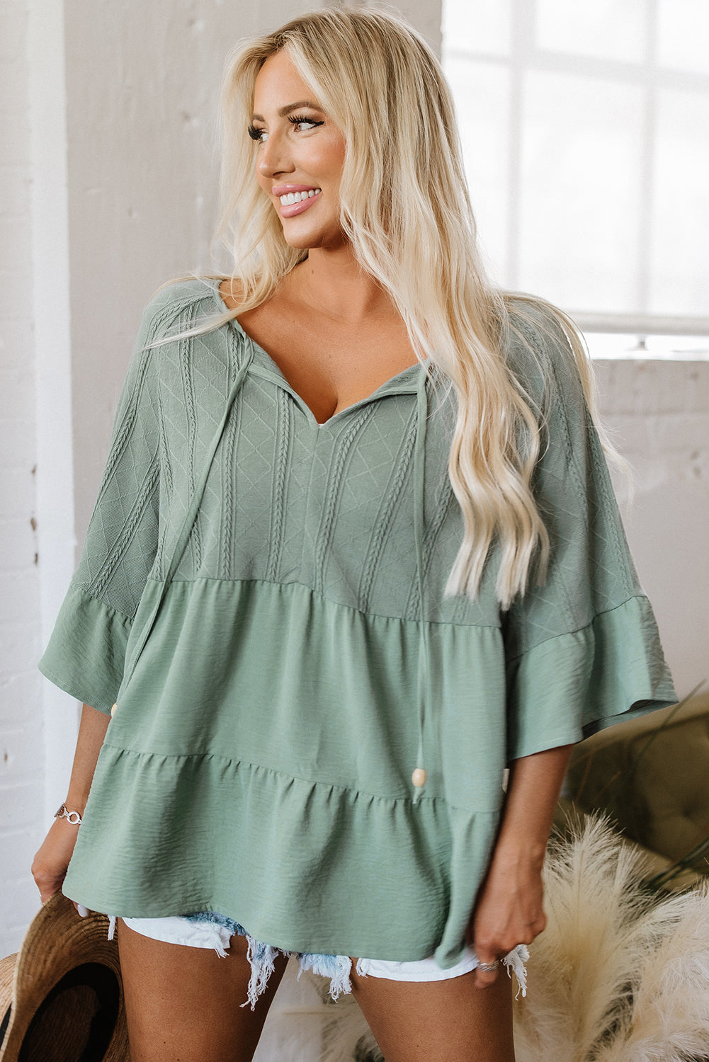 Green Tie Split Neck Textured Ruffle Patchwork Blouse