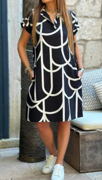 Printed Straight midi length Short Sleeve Dress