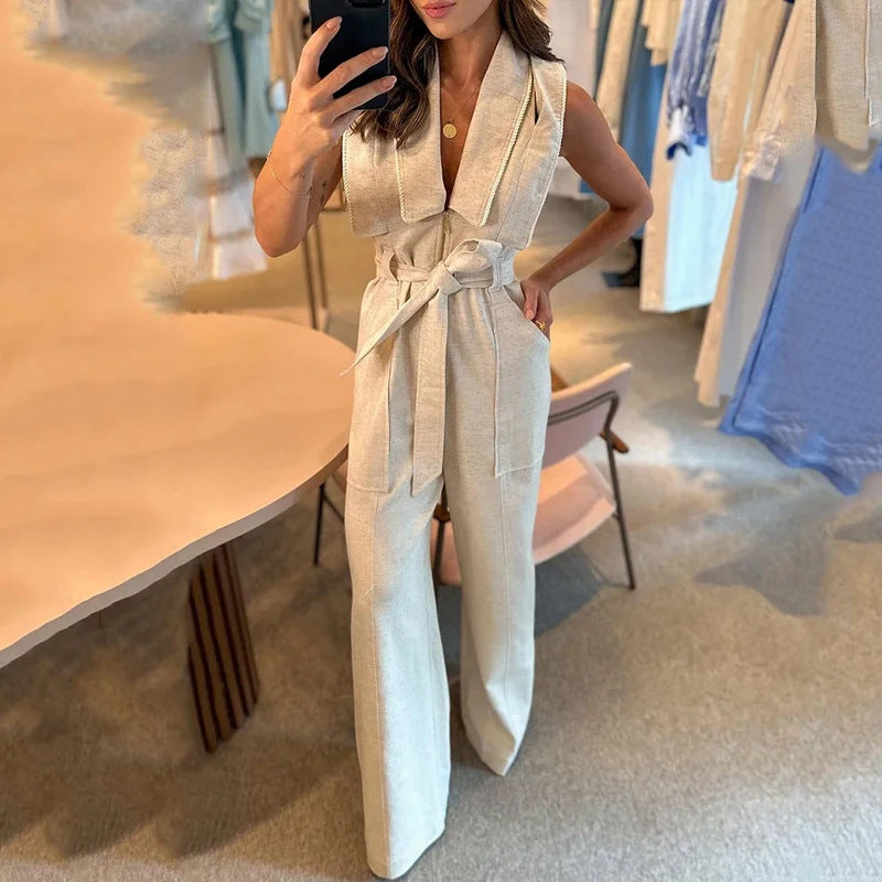 Women's Fashion Polo Neck wide leg Jumpsuit with Belt