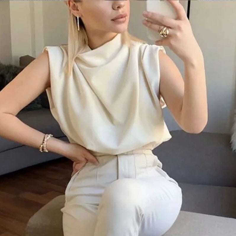 Casual Sleeveless mock neck Solid Color Blouse