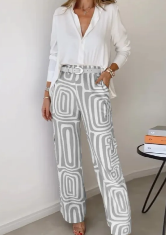 2 piece set- Printed Lapel Shirt & Wide Leg Pants