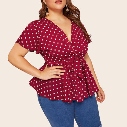Women's Polka Dot V-Neck Short Sleeve Top