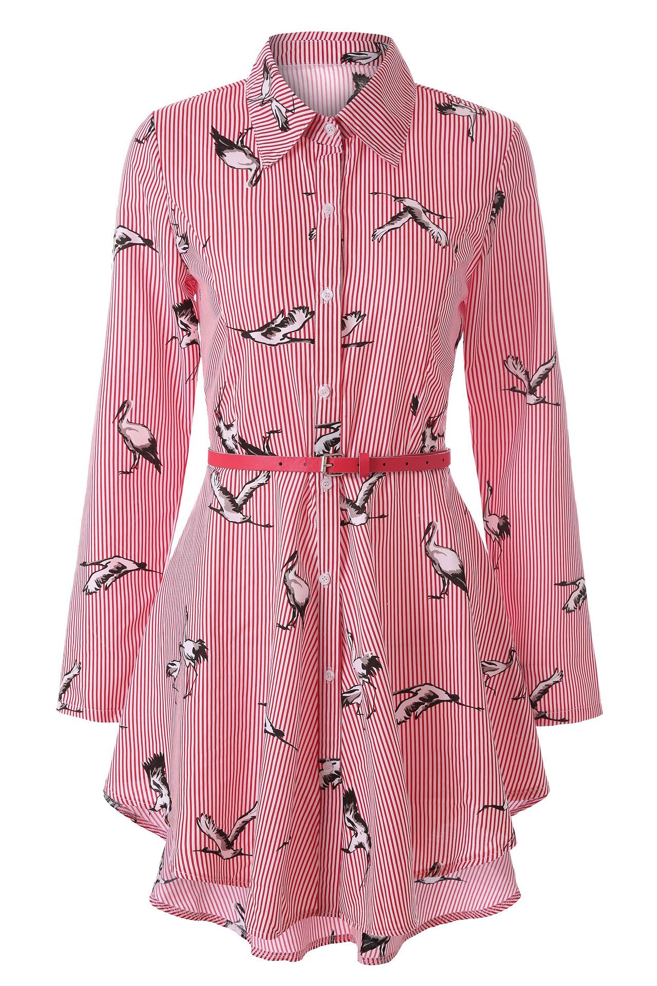 Striped Long Sleeve Shirt Dress with Belt for Women