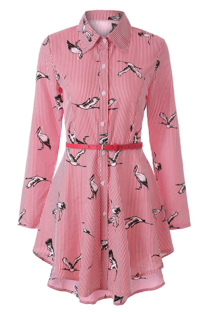 Striped Long Sleeve Shirt Dress with Belt for Women