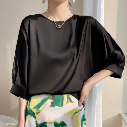 Middle length Sleeve Satin Blouse - Plus Size