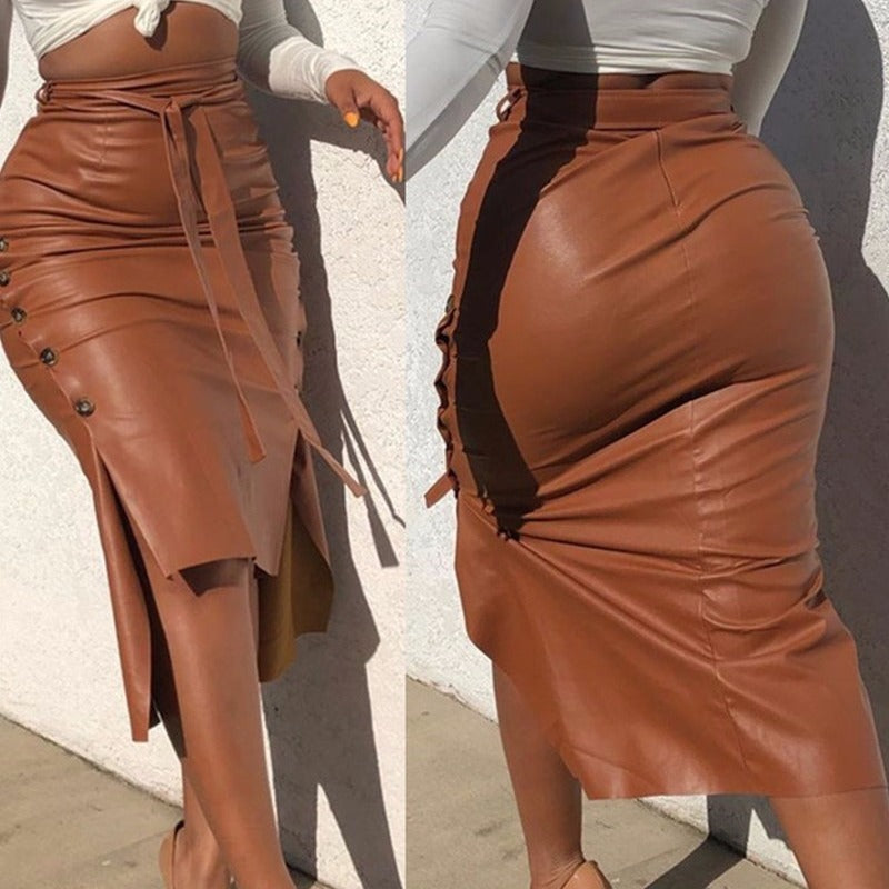 High Waist Midi Pencil Skirt with Belt and Slit