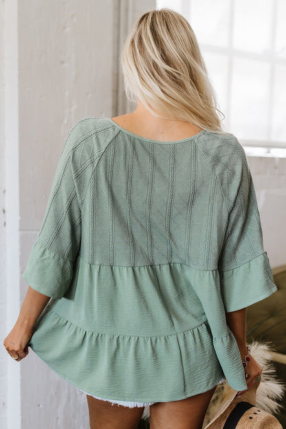 Green Tie Split Neck Textured Ruffle Patchwork Blouse