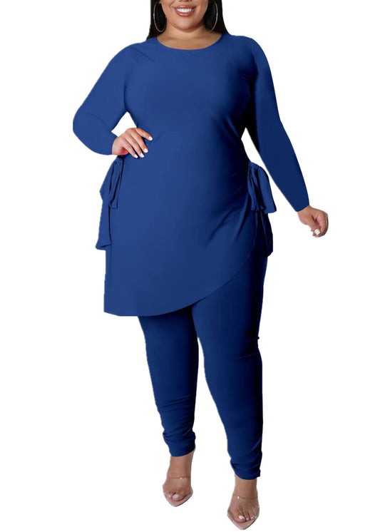 Plus Size 2 Piece Outfits for Women- Pants tracksuit & Elegant Long Sleeve Split Shirt Bodycon