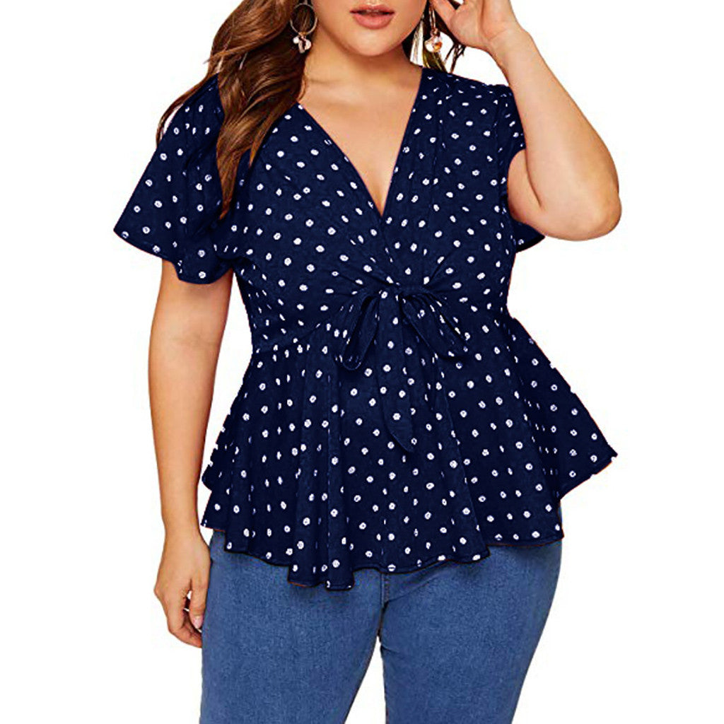 Women's Polka Dot V-Neck Short Sleeve Top