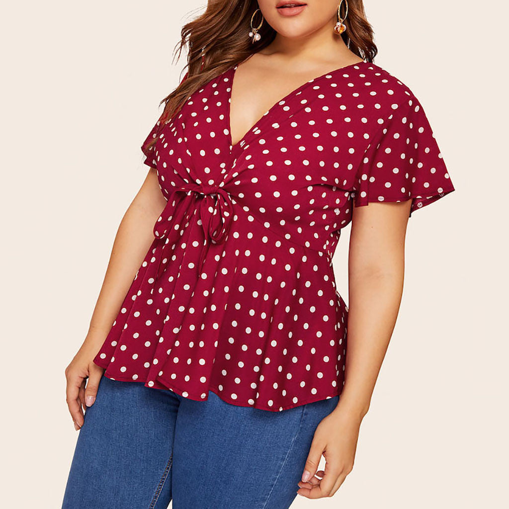 Women's Polka Dot V-Neck Short Sleeve Top