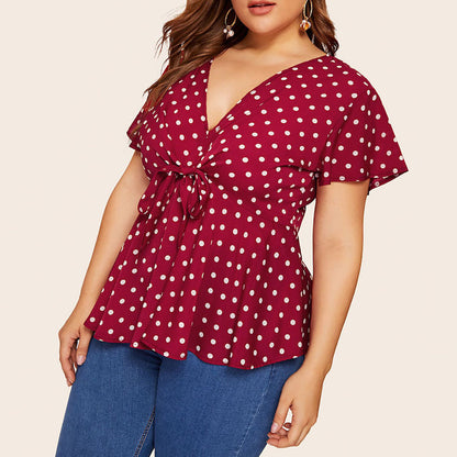 Women's Polka Dot V-Neck Short Sleeve Top