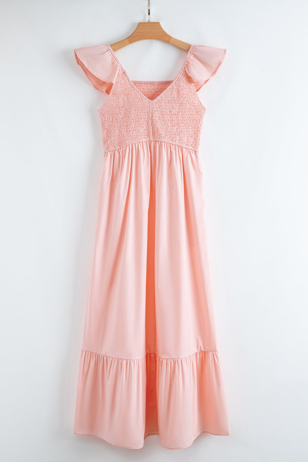 Black V Neck Flutter Sleeve Smocked Bodice High Waist Ruffle Maxi Dress