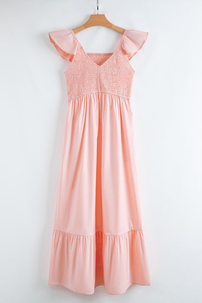 Black V Neck Flutter Sleeve Smocked Bodice High Waist Ruffle Maxi Dress