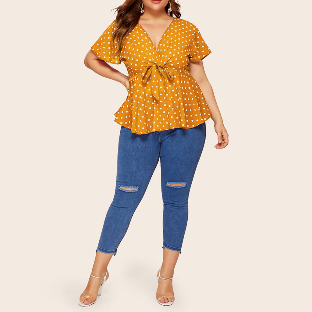 Women's Polka Dot V-Neck Short Sleeve Top
