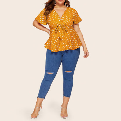 Women's Polka Dot V-Neck Short Sleeve Top