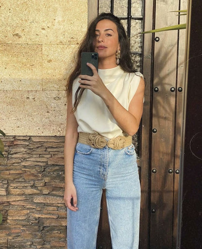 Casual Sleeveless mock neck Solid Color Blouse
