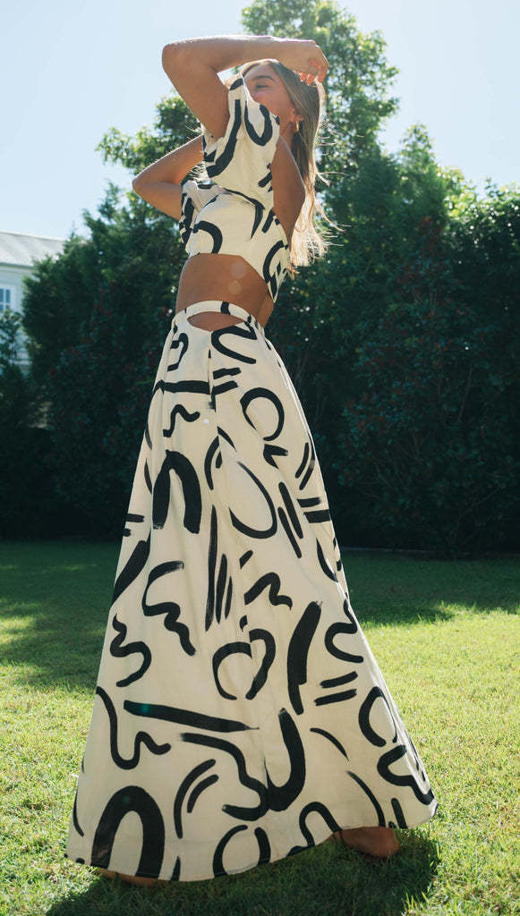 2-Piece Printed Set - Fashion puff sleeve top and A line skirt