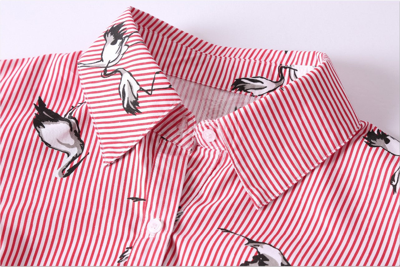 Striped Long Sleeve Shirt Dress with Belt for Women