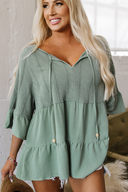 Green Tie Split Neck Textured Ruffle Patchwork Blouse