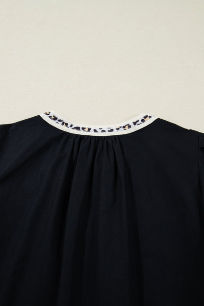 Black Leopard Trim Notched Neck Short Puff Sleeve Shift Mini Dress