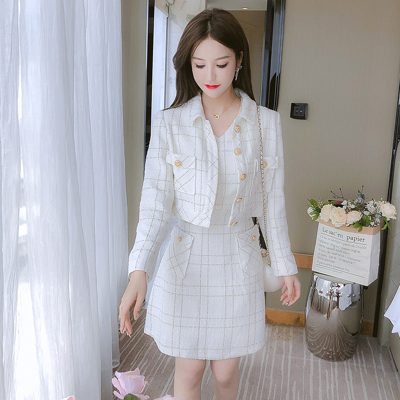 Elegant 2-Piece Checkered Tweed Blazer & Mini Dress