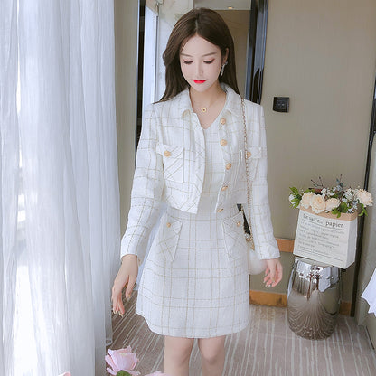 Elegant 2-Piece Checkered Tweed Blazer & Mini Dress