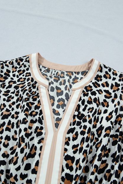 White Leopard Print Colorblock Trim Sleeveless Midi Dress