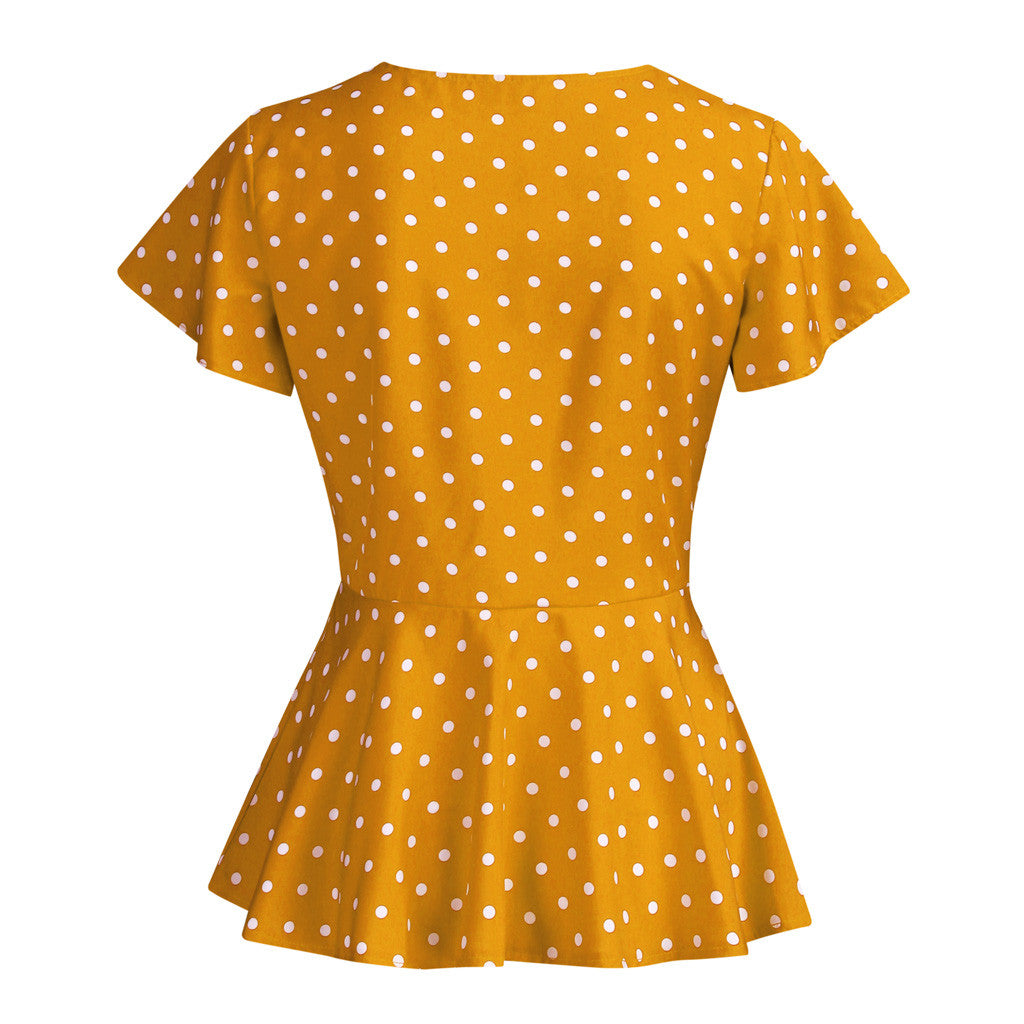 Women's Polka Dot V-Neck Short Sleeve Top