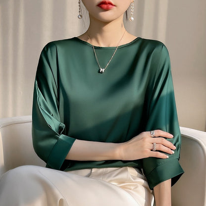 Middle length Sleeve Satin Blouse - Plus Size