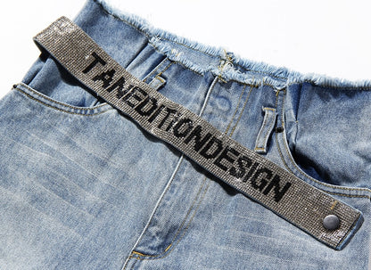 Wide High Waist Leg Jeans with Rhinestone Belt
