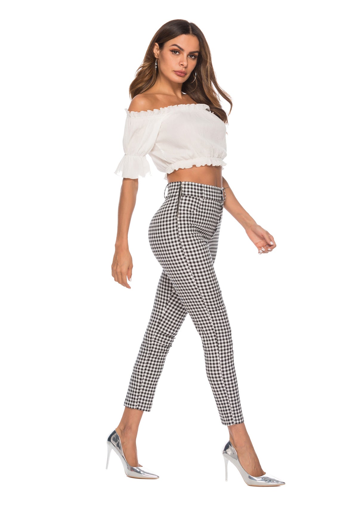 High-Waisted Checkered 3/4 Pencil Pants for Women