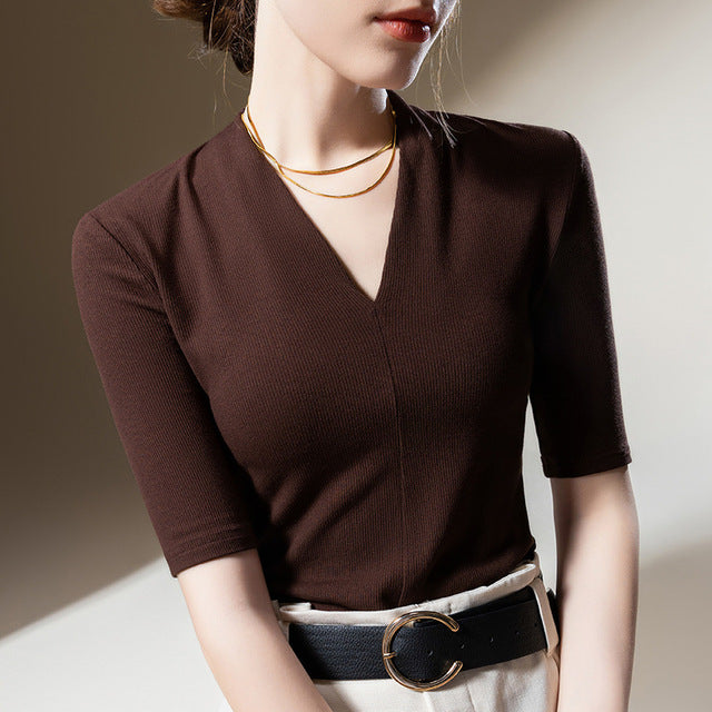 Women's Middle Sleeve Deep V Neck Top