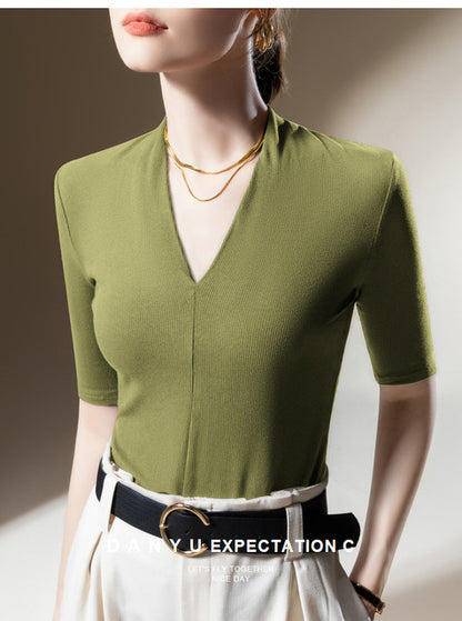 Women's Middle Sleeve Deep V Neck Top