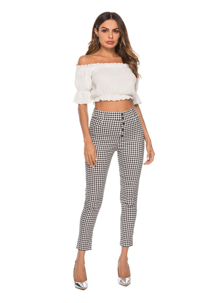 High-Waisted Checkered 3/4 Pencil Pants for Women