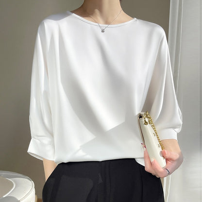 Middle length Sleeve Satin Blouse - Plus Size