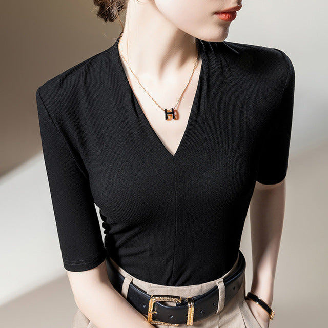 Women's Middle Sleeve Deep V Neck Top