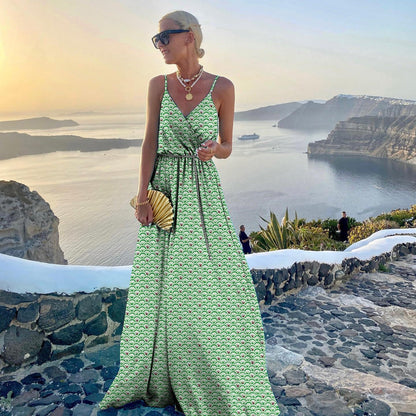 Women's Printed Large Swing Dress with Fashion Belt