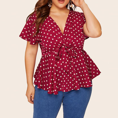 Women's Polka Dot V-Neck Short Sleeve Top