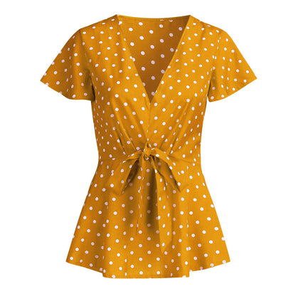 Women's Polka Dot V-Neck Short Sleeve Top