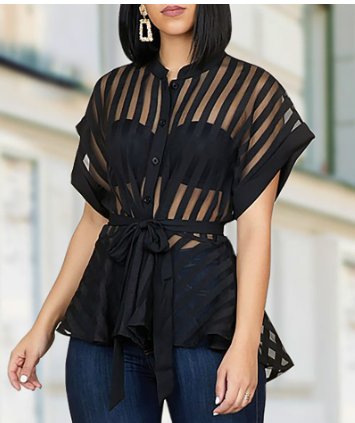 Stylish Sheer Striped Blouse with Belt
