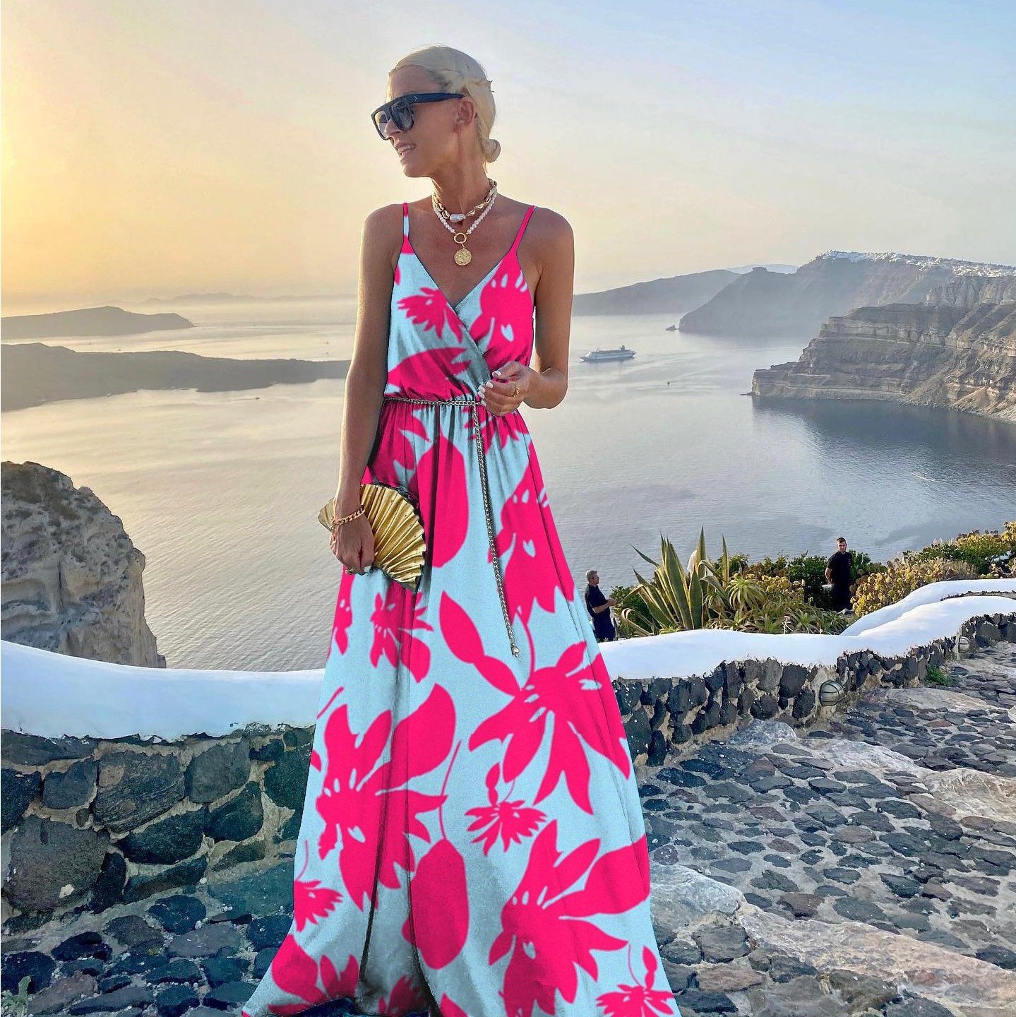 Women's Printed Large Swing Dress with Fashion Belt